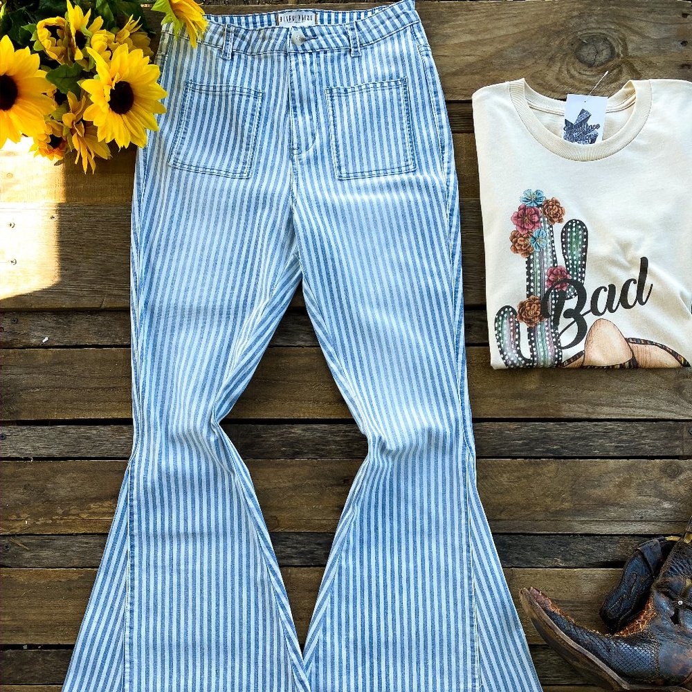 white and light blue denim bell bottoms